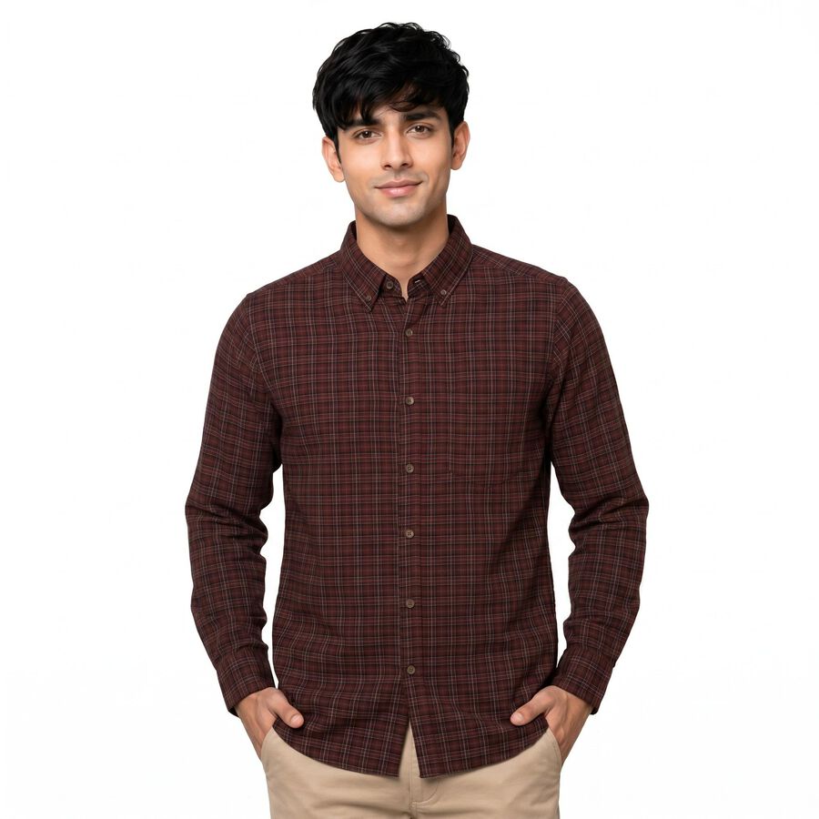 Men's Maroon Cotton Button-Down Collar Regular Fit Casual Shirt, मरून, large