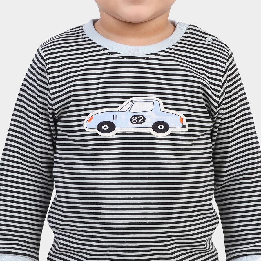 Infants' Blue 100% Cotton Round Neck Striped Baba Suit, रॉयल ब्लू, large
