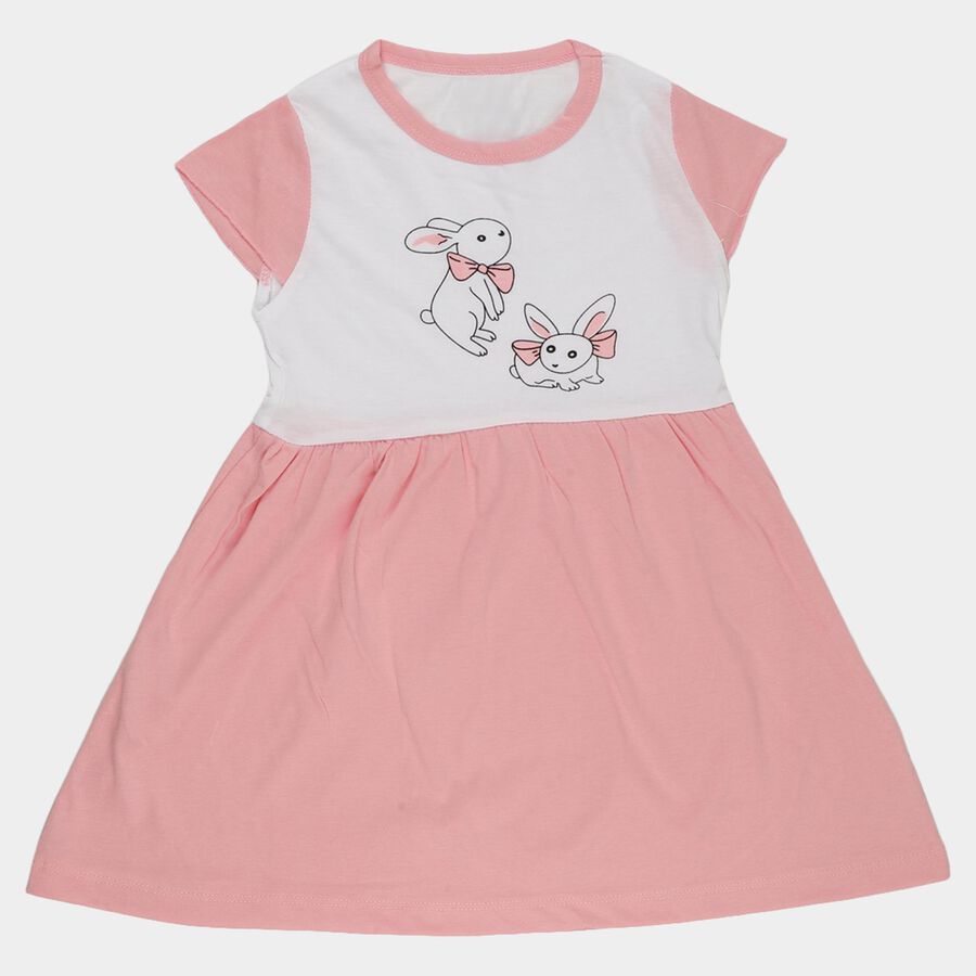 Girls' Pink Fit and Flare Rabbit Printed Frock, गुलाबी, large