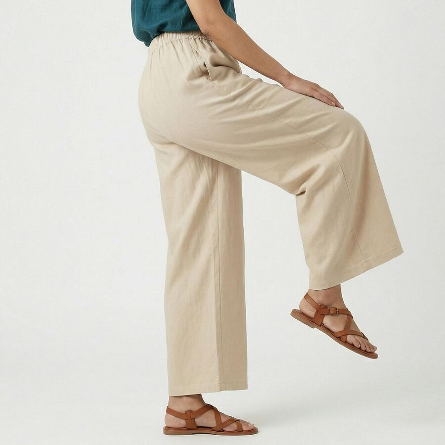Women's Beige Wide-Leg Elastic Waist Palazzos, Beige, large