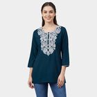Women's Teal Round Neck Printed Kurti, टील ब्लू, small