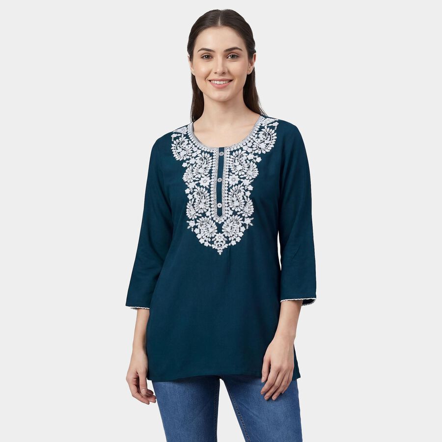 Women's Teal Round Neck Printed Kurti, टील ब्लू, large