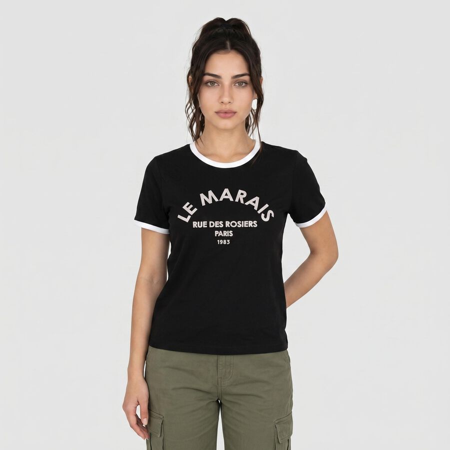 Women Black Round Neck Regular T-Shirt, Black, large