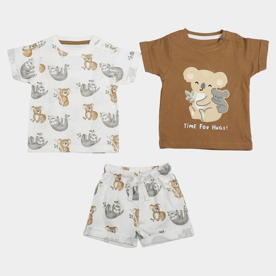 Infants' Beige 100% Cotton Round Neck Printed Baba Suit, गहरा पीला, large