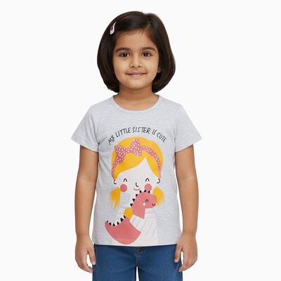 Girls Light Grey Round Neck Casual T-Shirt
