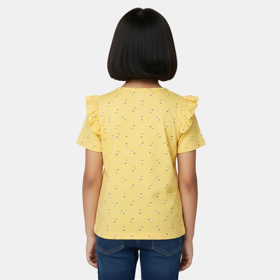 Girls' Yellow Cotton Round Neck Graphic Printed T-Shirt, Yellow, large