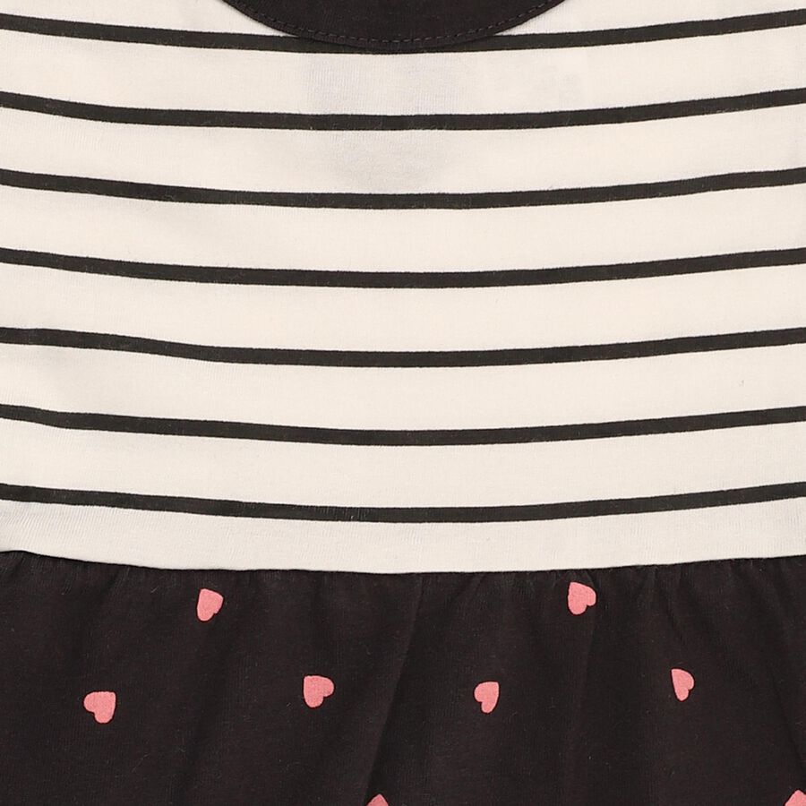 Infants' Black and White Striped Cotton Cat Print Frock, Dark Grey, large image number null
