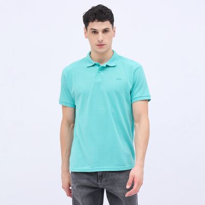 Men's Bright Aqua Green Polo Neck Solid T-Shirt