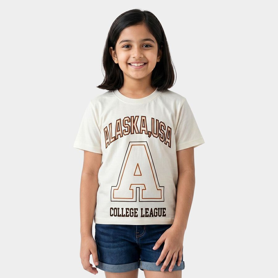 Girls White Round Neck Regular T-Shirt, सफ़ेद, large