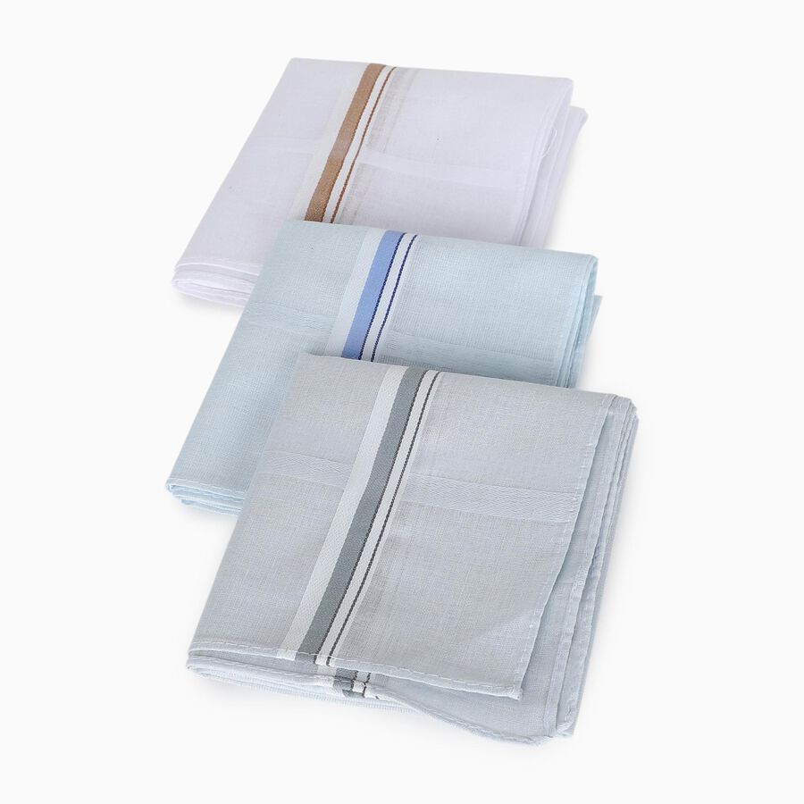 Men's White and Light Blue Striped Pack of 3 Handkerchief, Light Grey, large