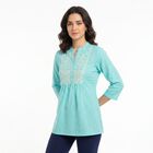 Women's Aqua Cotton Mandarin Collar Embroidered Kurti, एक्वा, small