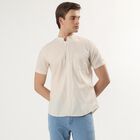 Men's Beige Cotton Half Sleeve Mandarin Collar Casual Shirt, Beige, small
