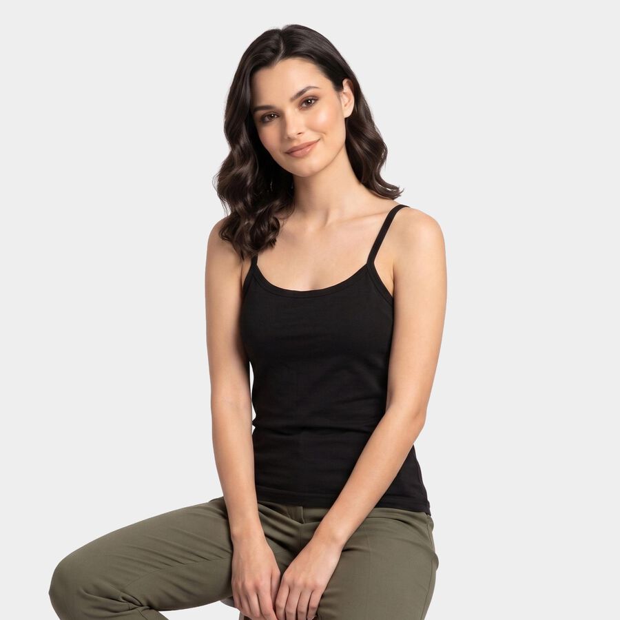 Women's Black Cotton Scoop Neck Camisole Slip, काला, large