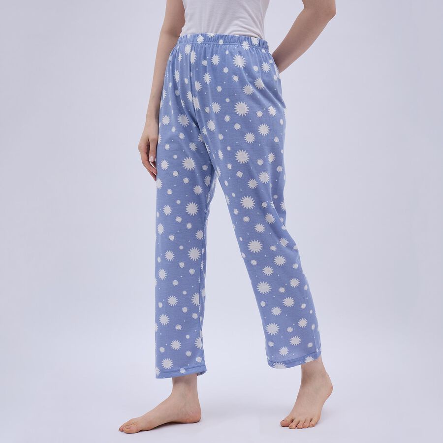 Women's Light Powder Blue Floral Printed Elastic Waist Pyjama, Mid Blue, large image number null