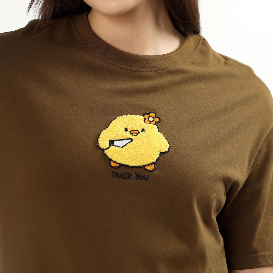 Women's Muted Olive Green Cotton Round Neck Casual T-Shirt, ओलिव, large