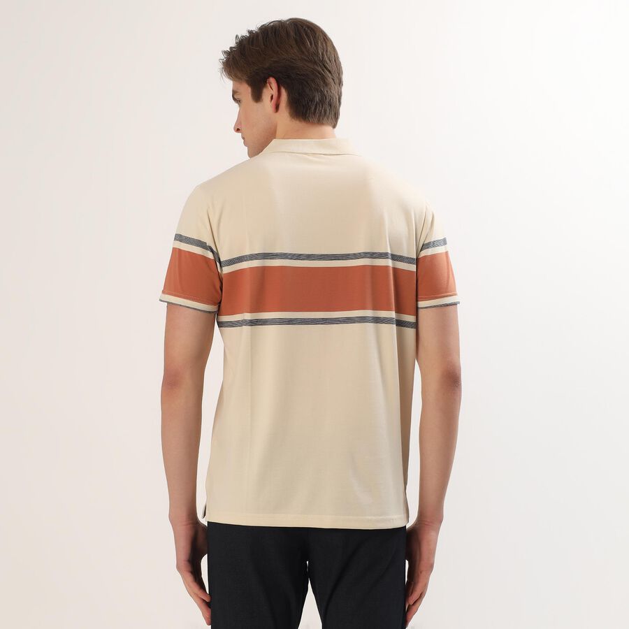 Men's Beige and Orange Polo Neck Striped T-Shirt, Off White, large