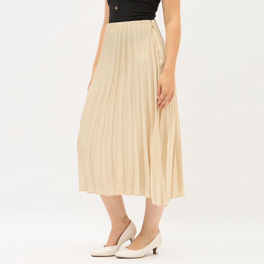 Women's Soft Beige Pleated Midi Skirt, Beige, large