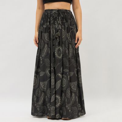 Women's Jet Black Printed Flared Ethnic Maxi Skirt