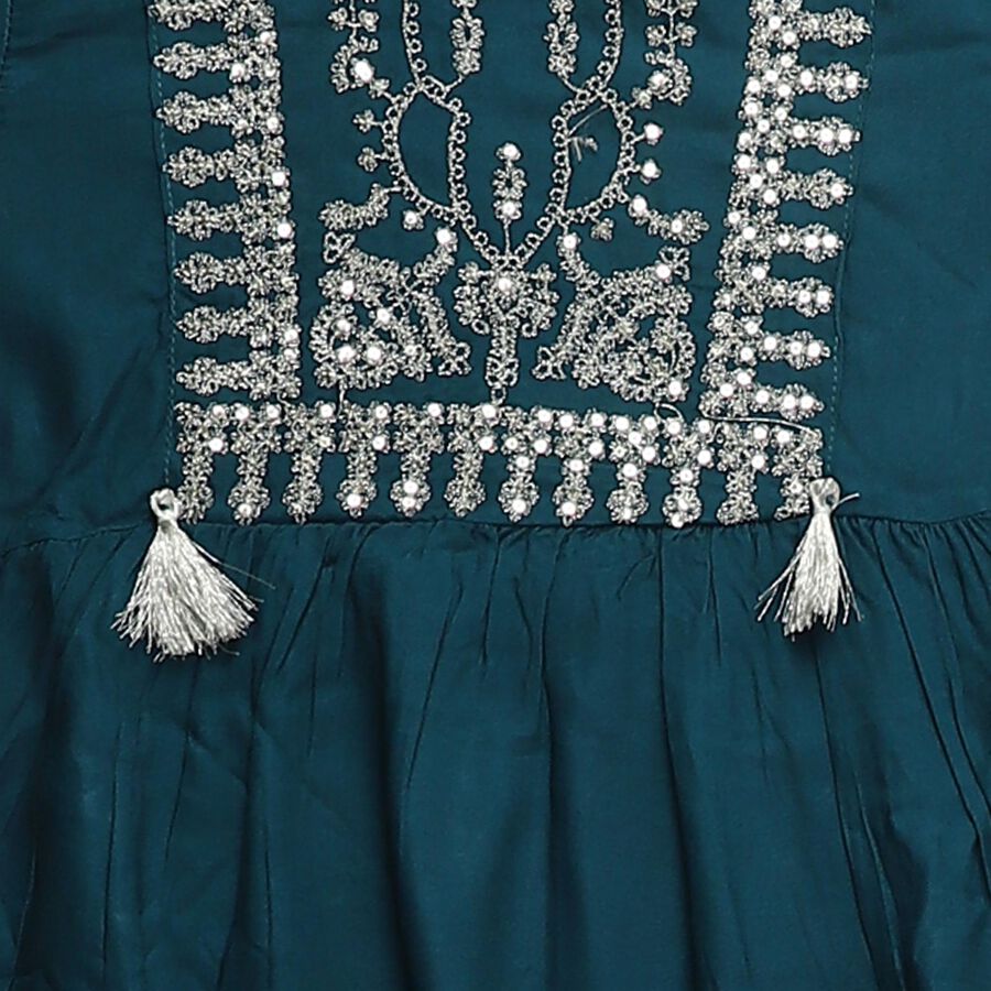 Girls' Dark Green Round Neck Printed Top and Pants Fusion Set, Dark Green, large