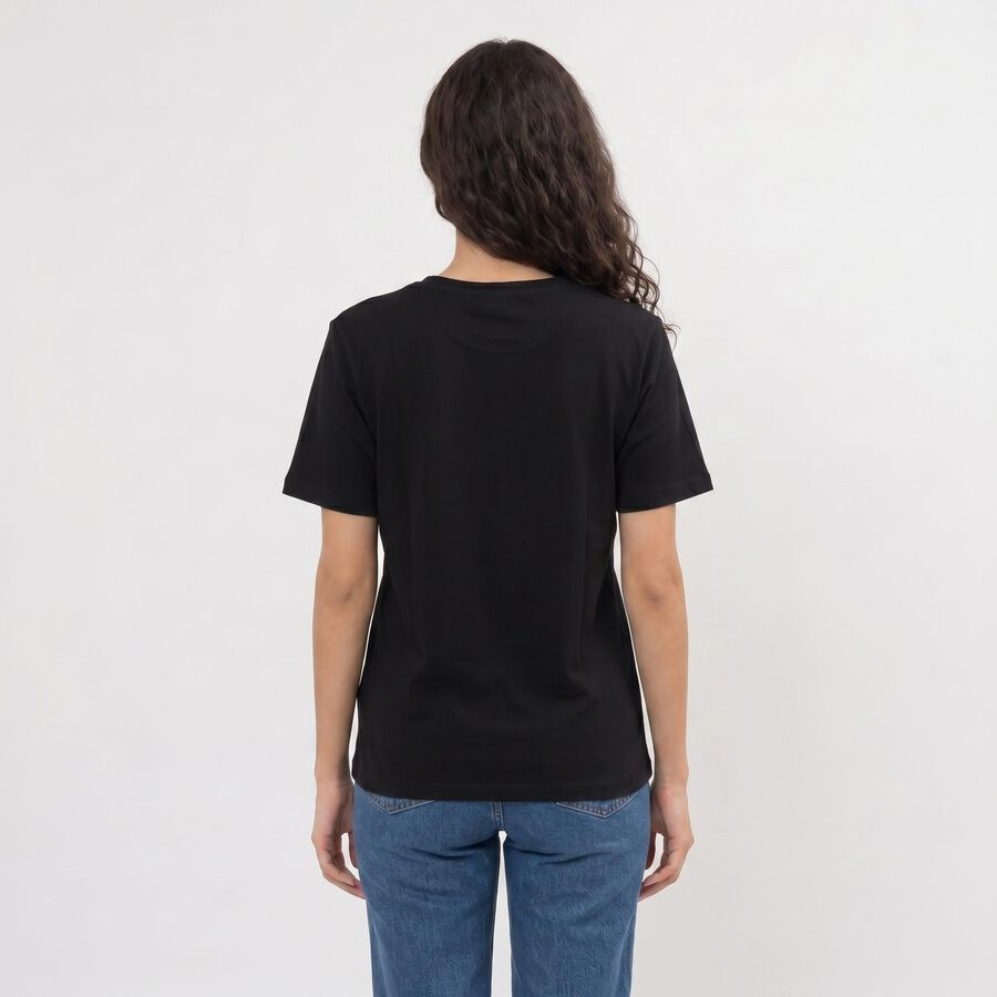 Women Black Cotton Round Neck Regular Graphic Print T-Shirt, Black, large