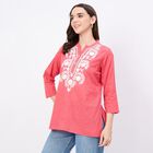 Women's Coral Cotton Notch Neck Floral Printed Kurti, Coral, small