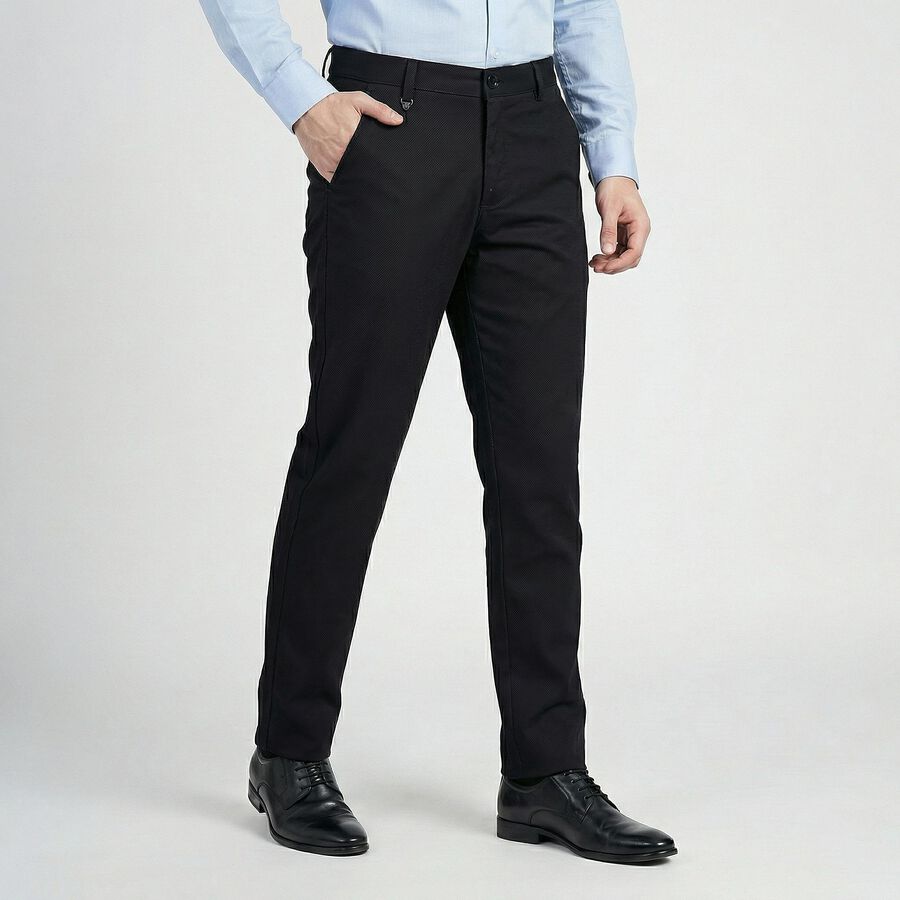Men's Black Slim Fit Casual Trousers, काला, large