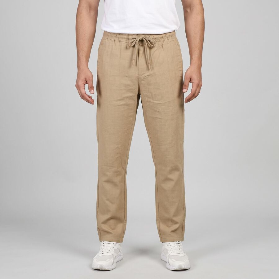 Men's Beige Slim Fit Drawstring Chino Trousers, गहरा पीला, large
