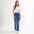 Women's Stonewashed Blue Flared Fit Button Detail Jeans, मध्यम नीला, small image number null