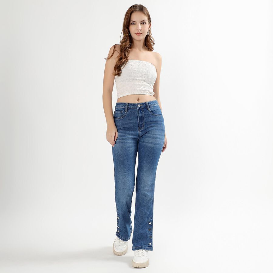Women's Stonewashed Blue Flared Fit Button Detail Jeans, मध्यम नीला, large image number null