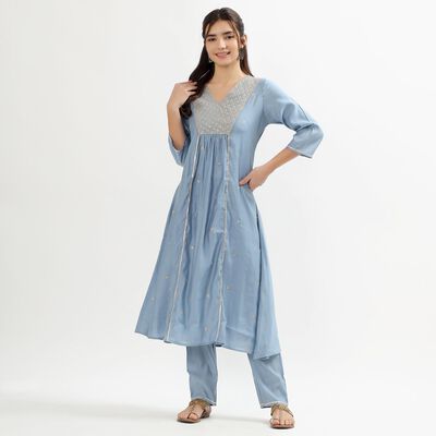 Women's Muted Powder Blue V-Neck Embroidered Flared Kurta
