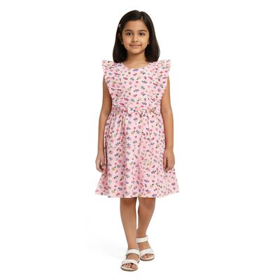 Girls' Light Pink Floral Print Sleeveless Frock