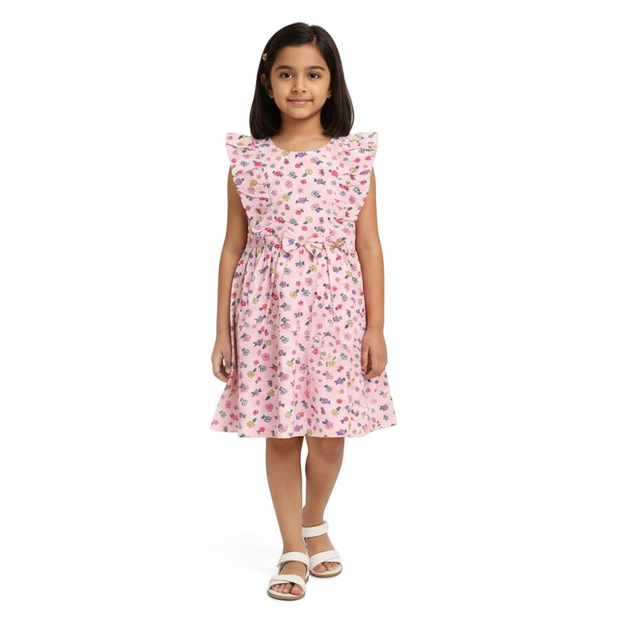 Girls' Light Pink Floral Print Sleeveless Frock, Light Pink, large image number null