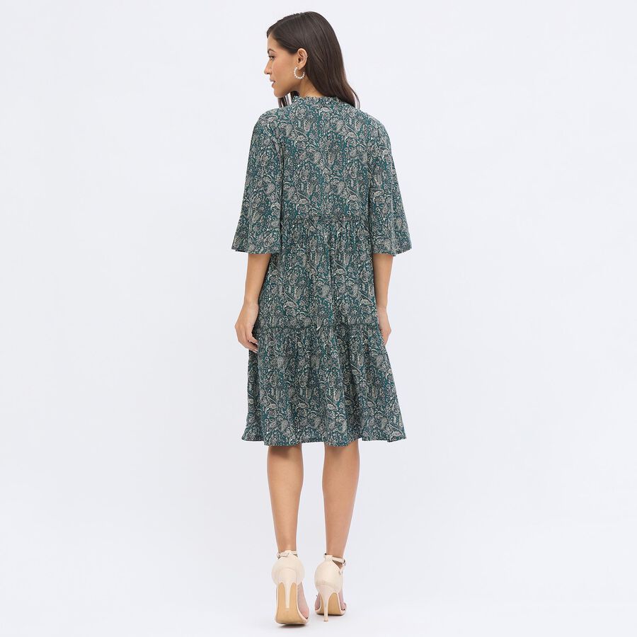 Women's Muted Forest Green Round Neck Bohemian Dress, Dark Green, large image number null