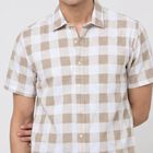 Men's Beige Cotton Short Sleeves Spread Collar Regular Fit Casual Shirt, Beige, small