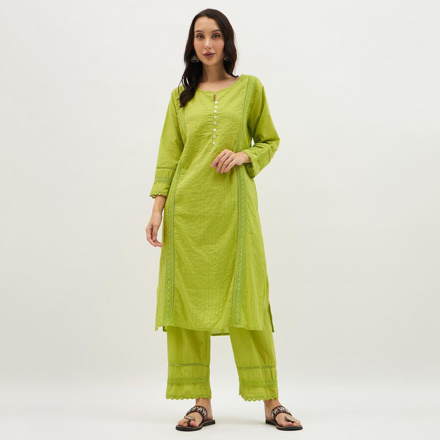 Women's Bright Lime Green Cotton Self Design Ethnic Set, Light Green, large image number null