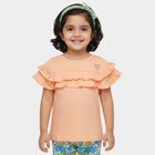 Girls Peach Cotton Round Neck Romantic T-Shirt, पीच, small