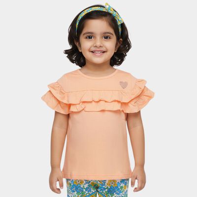 Girls Peach Cotton Round Neck Romantic T-Shirt