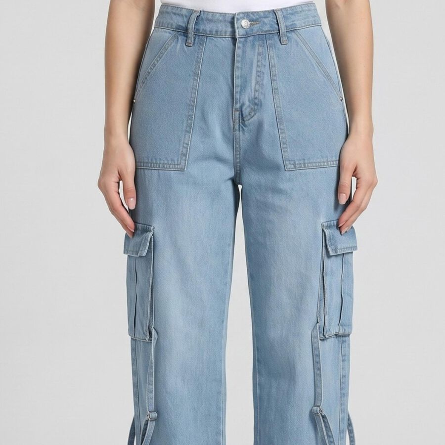 Women's Light Blue Wide Leg Cargo Jeans, Light Blue, large