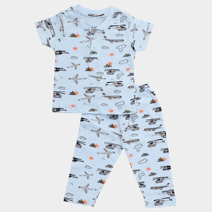 Infant's Pale Powder Blue Cotton Round Neck Airplane Print Night Suit, Light Blue, large