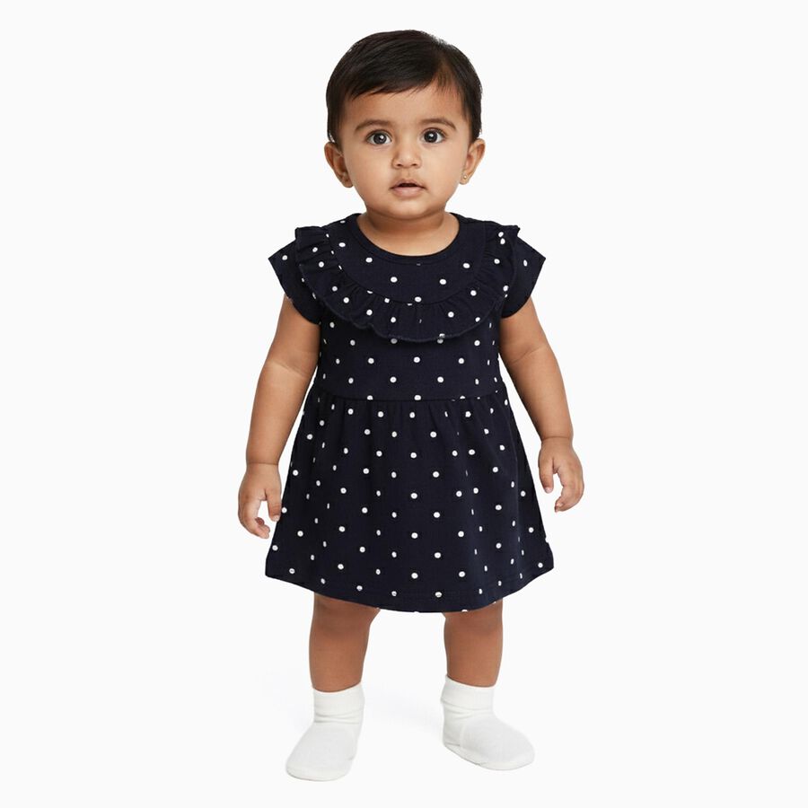 Infants' Deep Navy Blue Polka Dot Ruffle Frock, नेवी ब्लू, large image number null