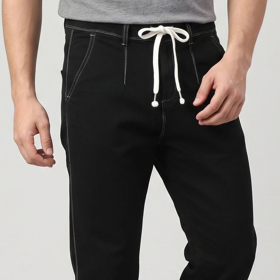 Men's Black Straight Fit Drawstring Jeans, काला, large