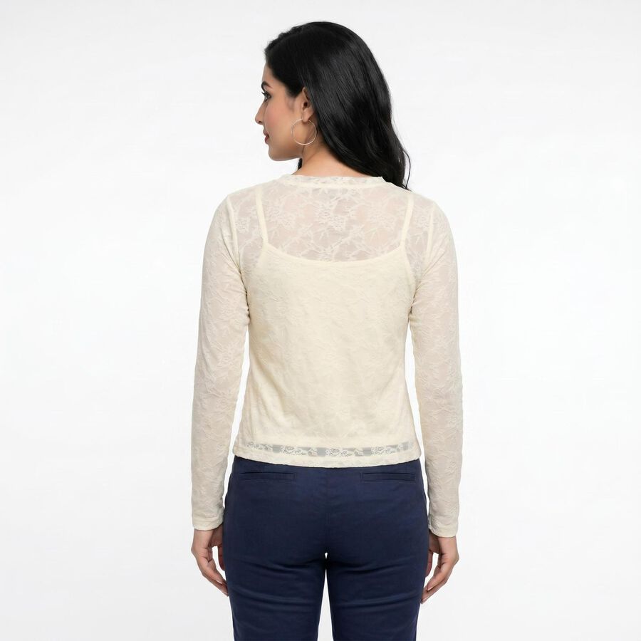 Women's Cream Round Neck Regular Top, ऑफ व्हाइट, large