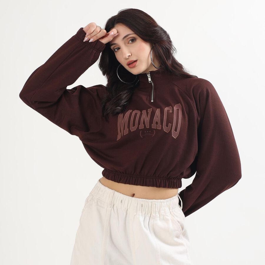 Women's Deep Brown High Neck Casual Sweatshirt, भूरा, large image number null