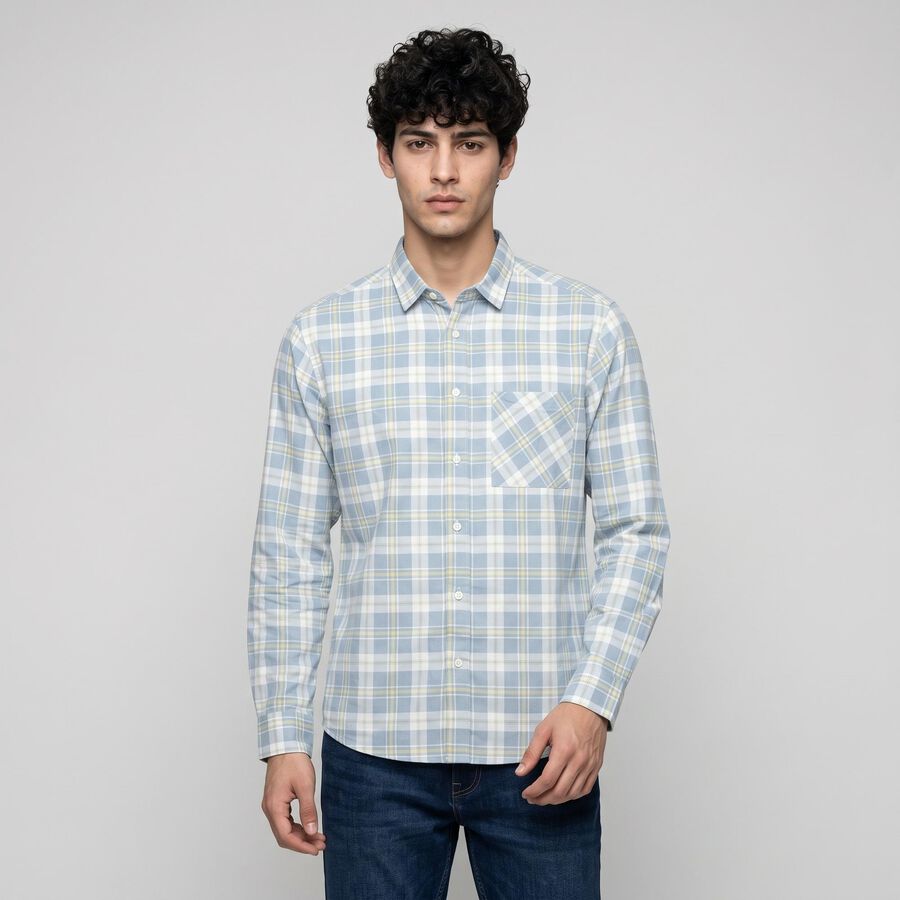 Men's Light Blue 100% Cotton Checked Casual Shirt, Light Blue, large