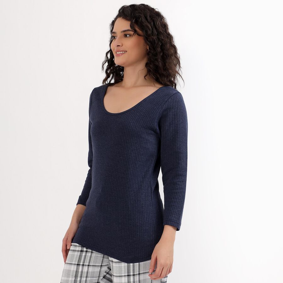 Women's Deep Midnight Navy Blue Scoop Neck Thermal, मध्यम नीला, large image number null