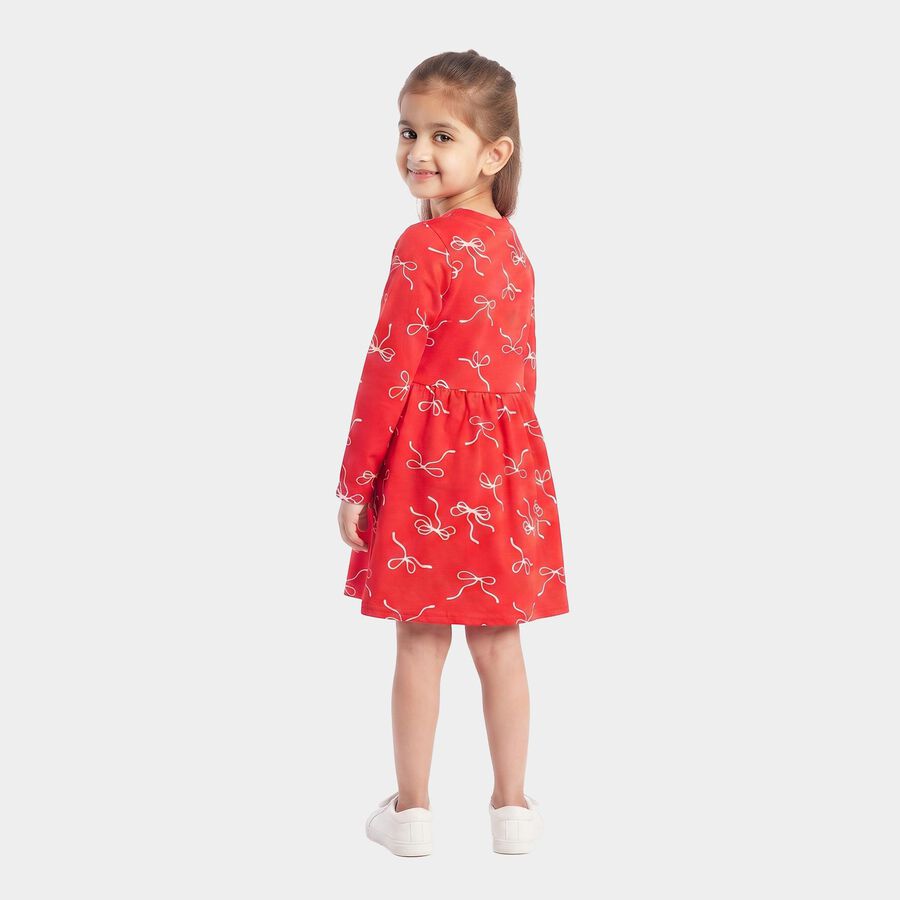 Girls' Red Bow Printed Fit and Flare Frock, Red, large
