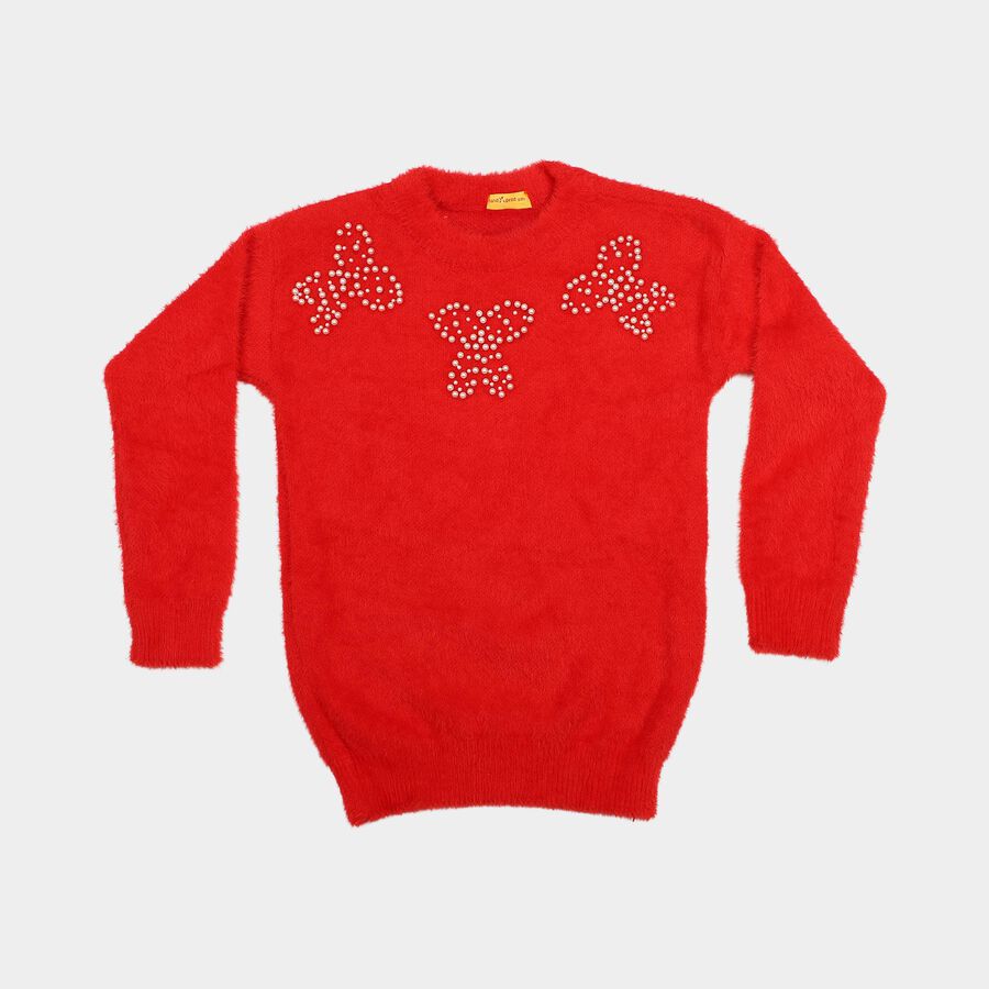 Girls' Red Crew Neck Embellished Pullover, Red, large