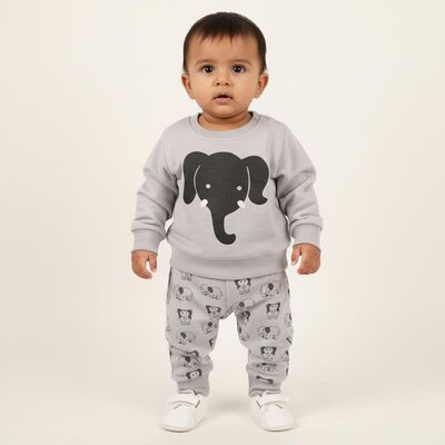 Infants' Light Grey Round Neck Elephant Printed Baba Suit