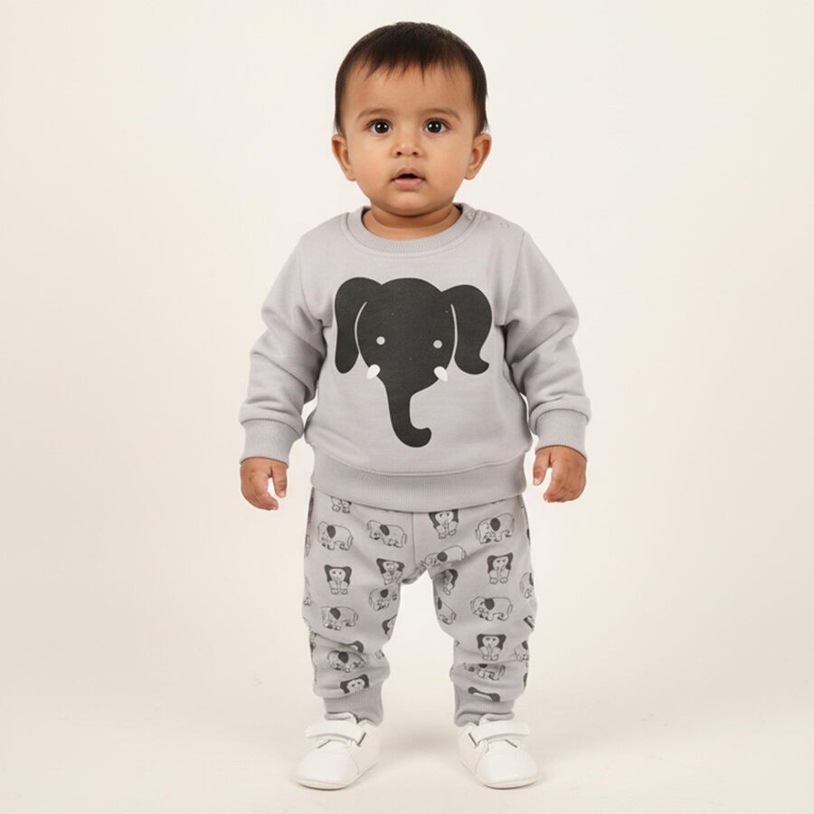 Infants' Light Grey Round Neck Elephant Printed Baba Suit, Light Grey, large image number null