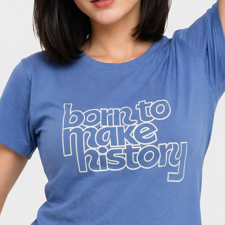 Women Blue Round Neck Regular T-Shirt, नीला, large